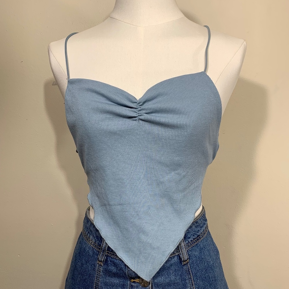 SHEIN Cami Top Women XS Blue Ribbed Handkerchief Hem Tie Back Y2K JIT9474057
